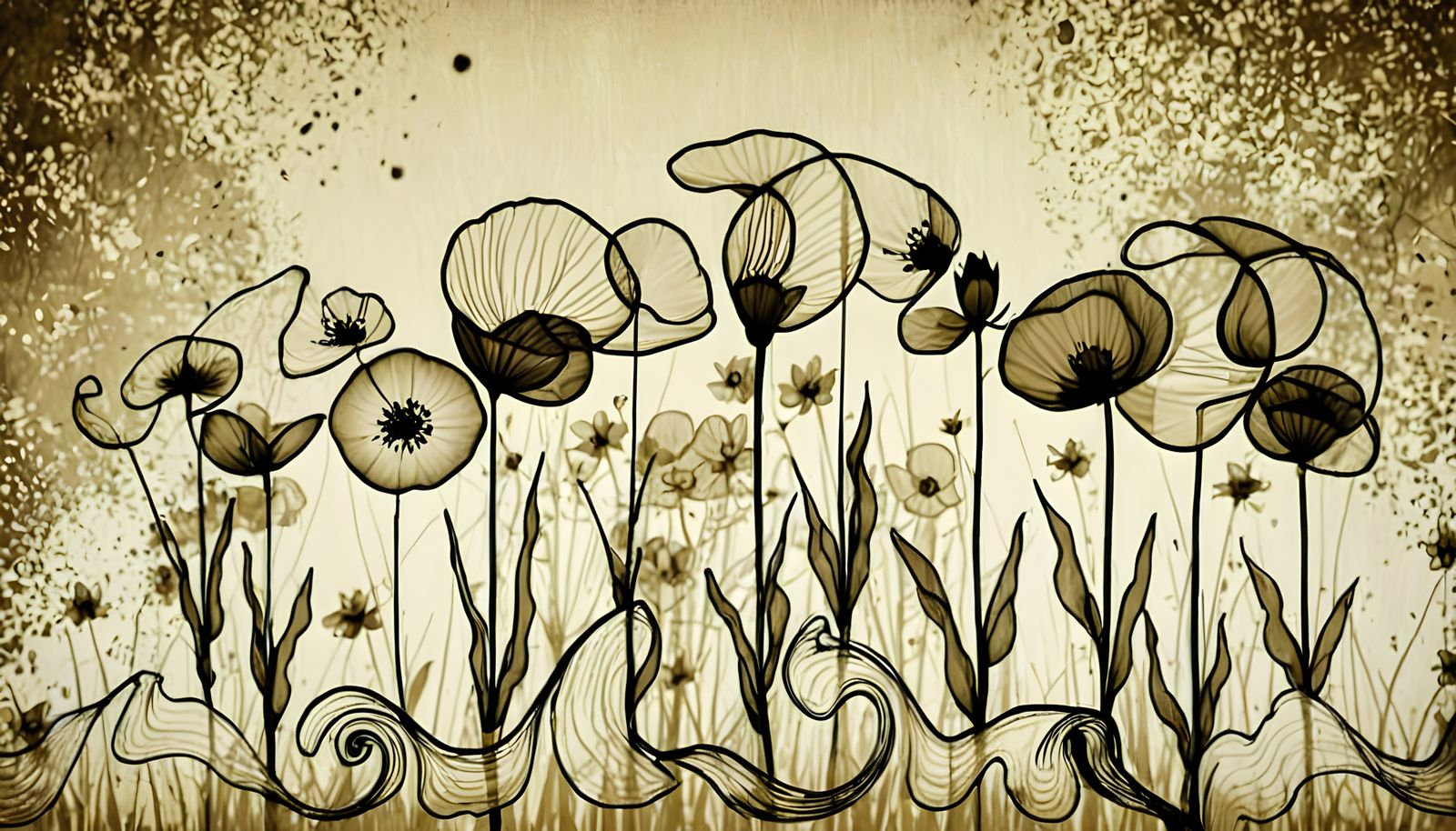 Delicate Translucent Flowers in Sepia Ink Sketch