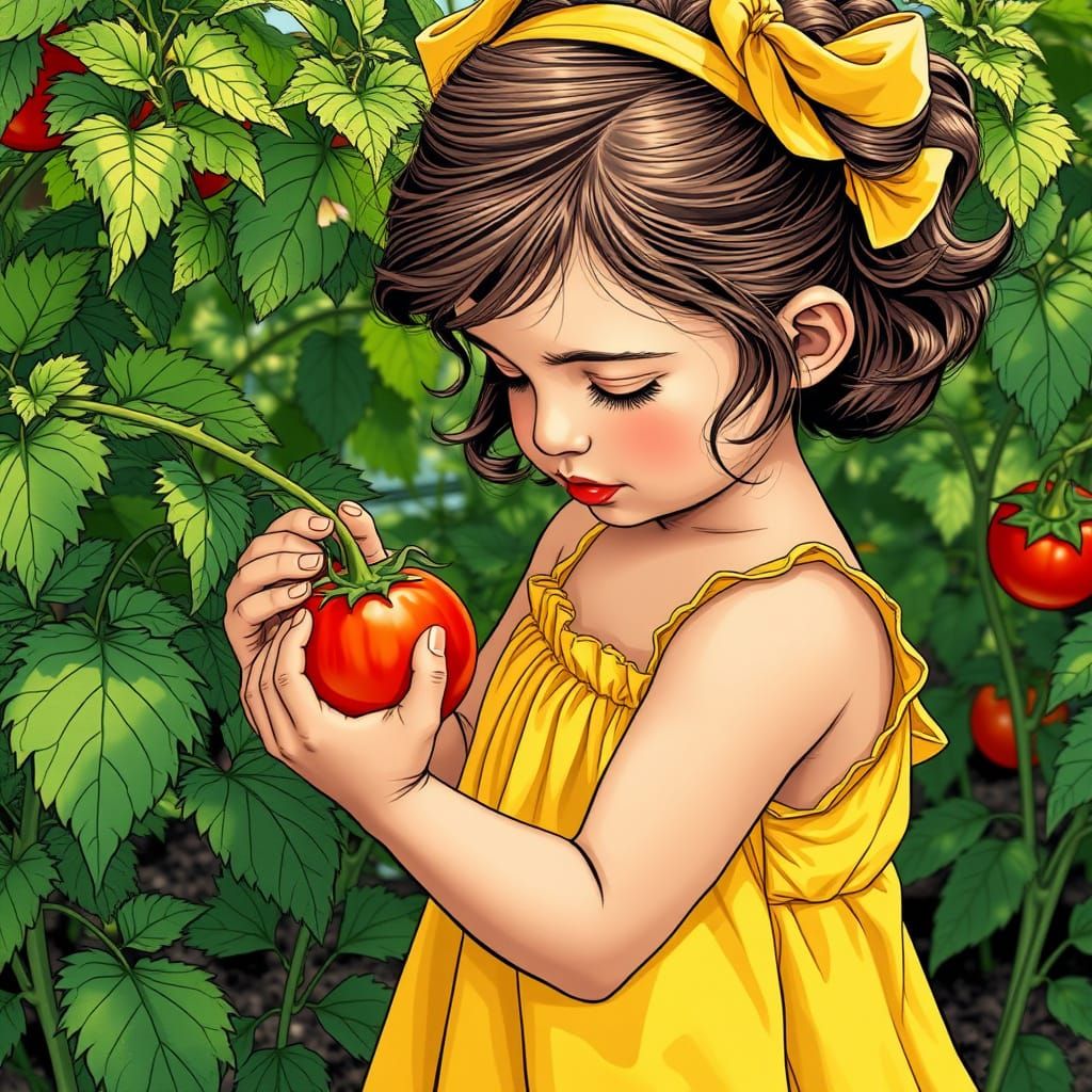 Girl Picking Tomato in Comic Book Style