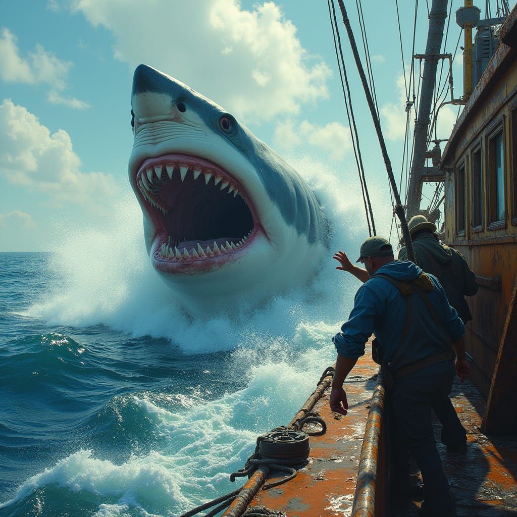 Great White Shark Breaches Water Near Trawler