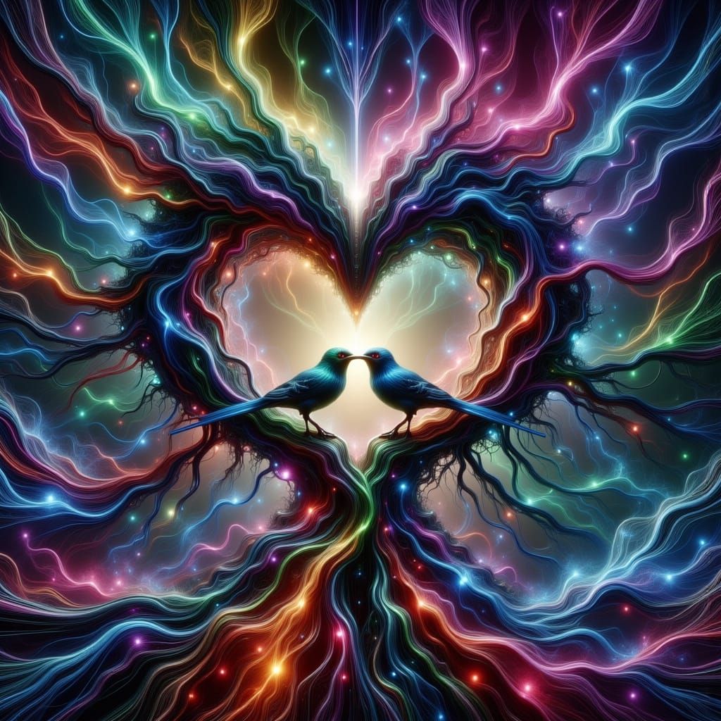 Love Birds Amidst Quantum Flux in a Vibrant, Electric Style