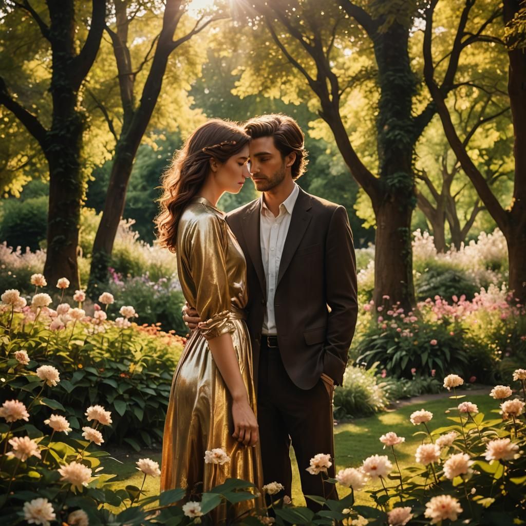 Romantic Couple in Sun-Drenched Enchanted Garden