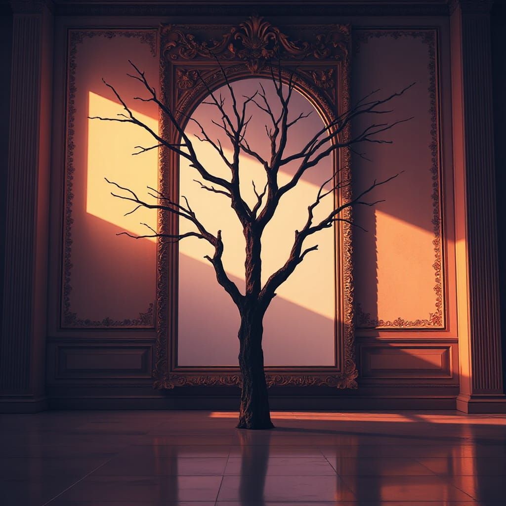 Cel-Shaded Tree Silhouette in Elegant, Ornate Setting