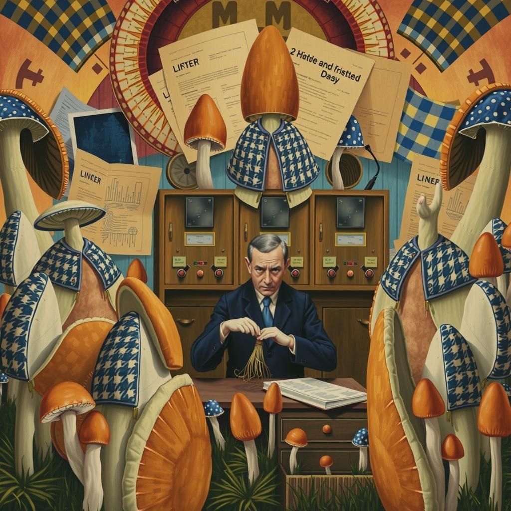 Porcelain Bureaucrats Counting Whimsical Mushrooms as Linocu...