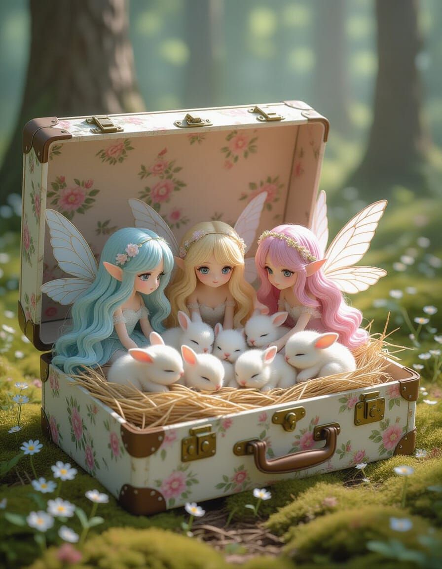 Fairies Guard Bunnies in Shabby Chic Suitcase