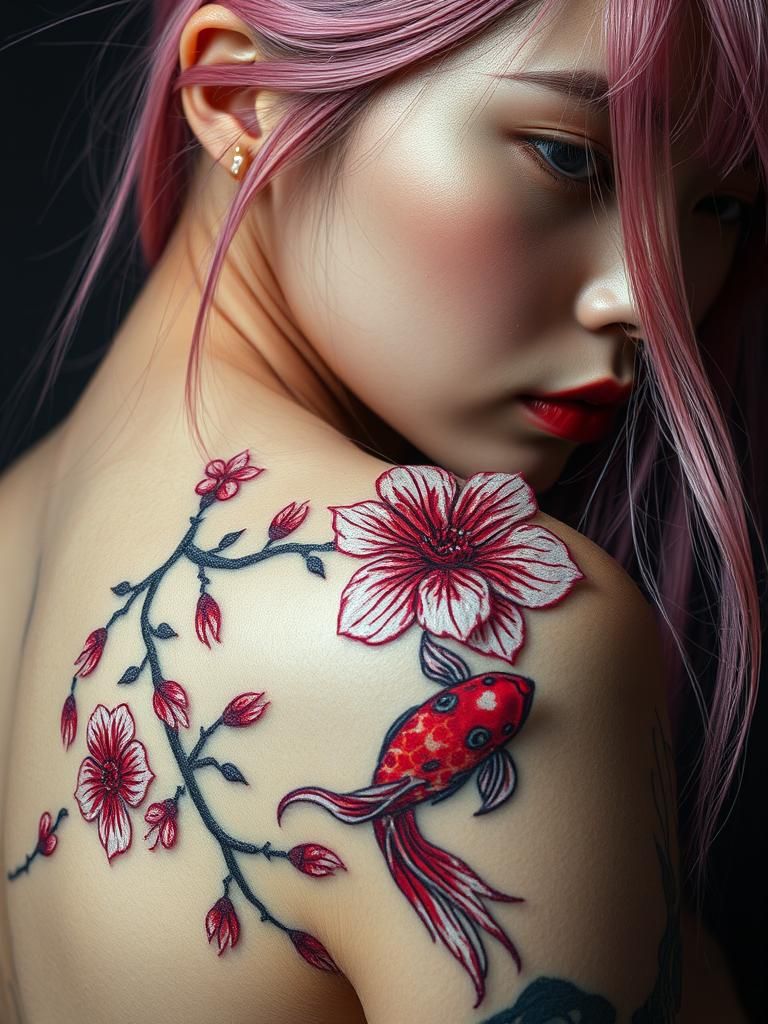Asian Girl with Embroidered Sakura Tattoo