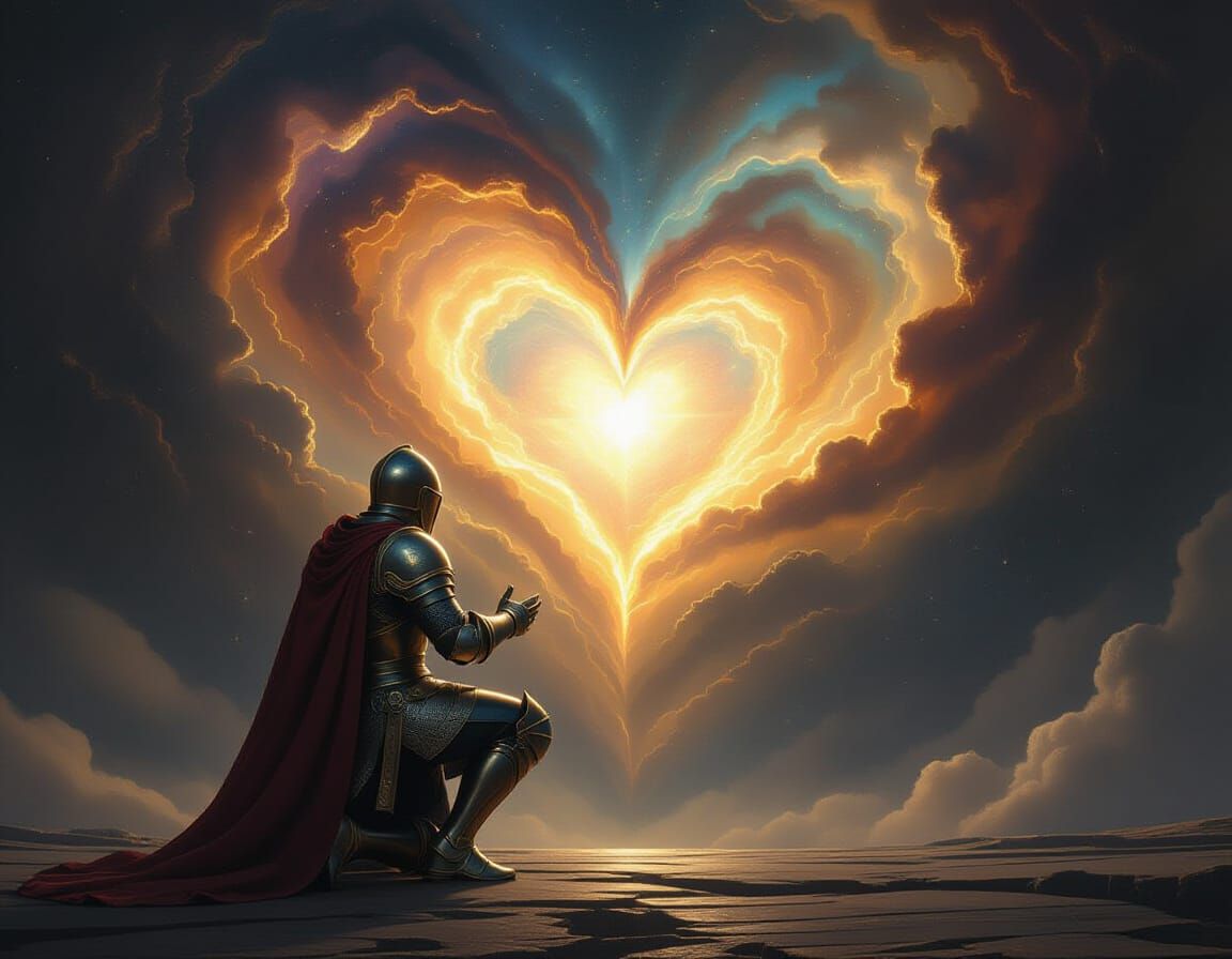 Knight's Celestial Heart Vision in Rembrandt Style