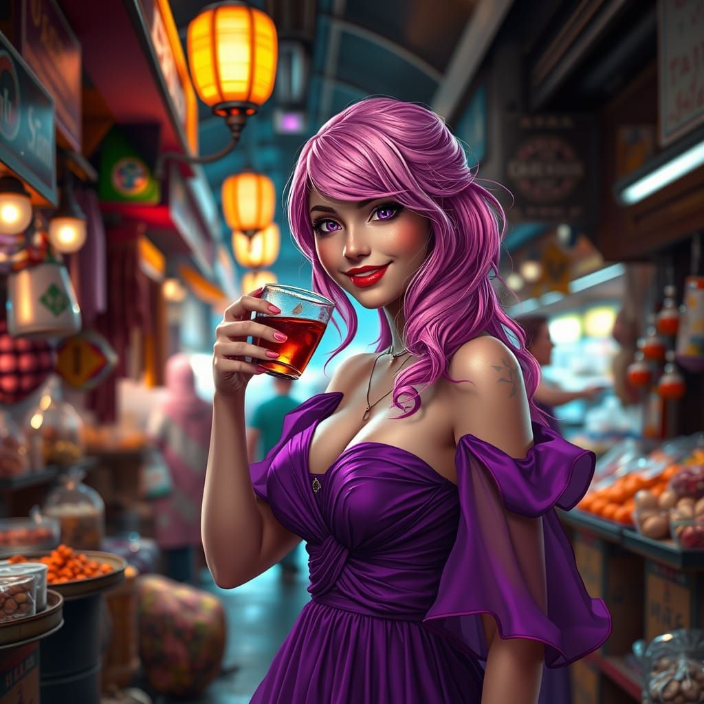 Elegant Underground Market Scene with Steampunk-Inspired Wom...