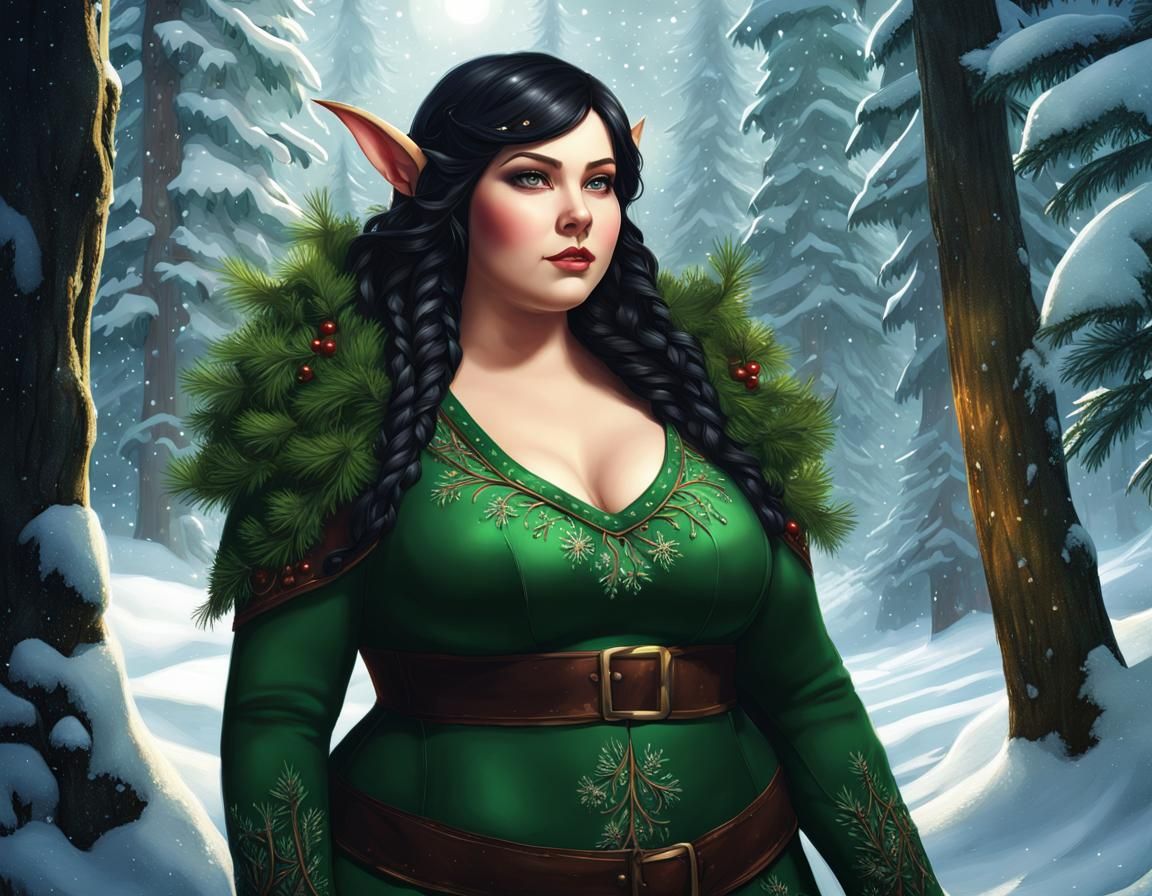 Plus-Size Elf in Winter Forest: 2.5D Illustration