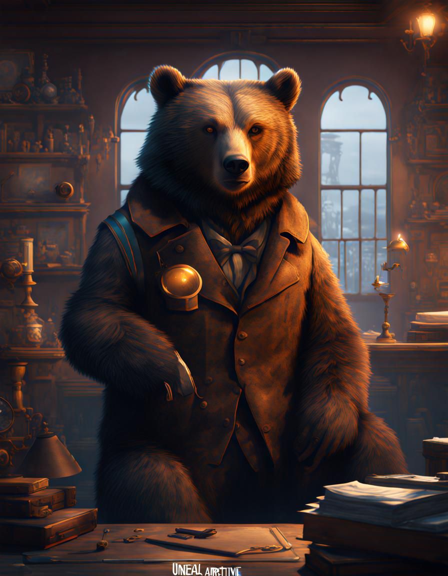 Bear Detective in Detailed Matte Painting Style