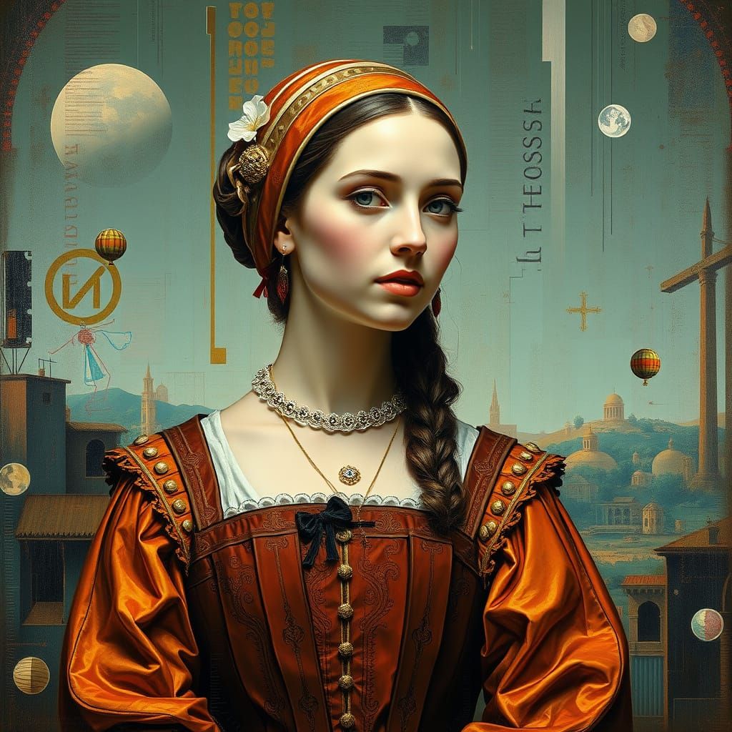 Renaissance Woman Portrait with Glitch Art Elements
