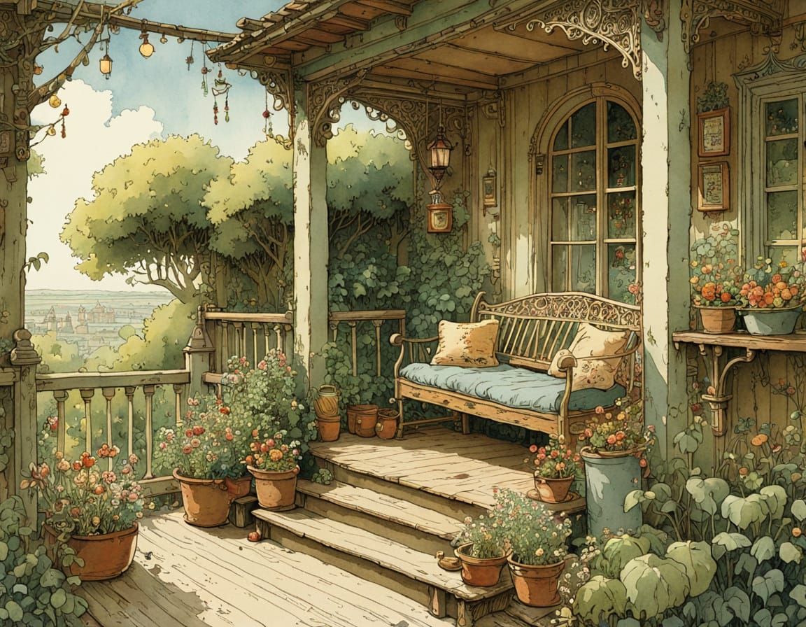 Idyllic Evening on the Veranda, in Whimsical Watercolor Styl...