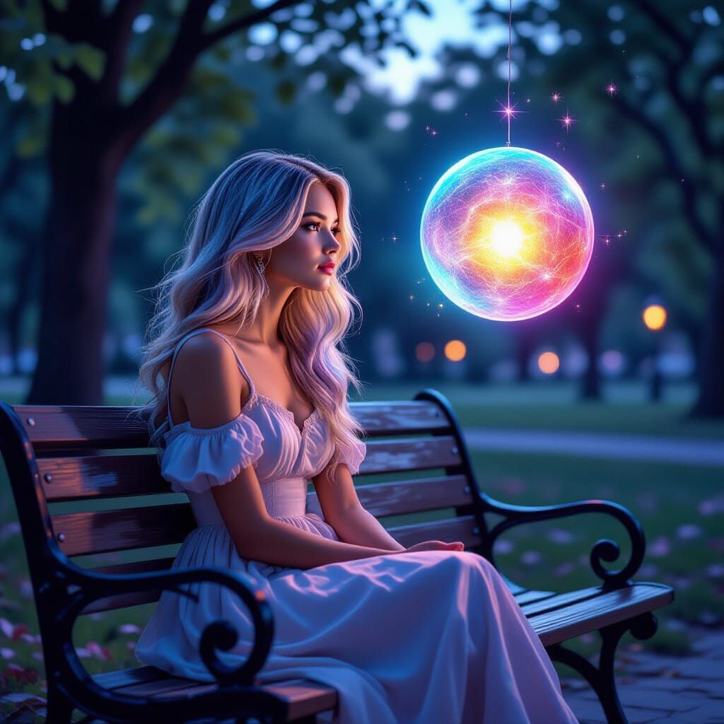 Enchanting Orb Encounter: Woman Gazes at Magical Light