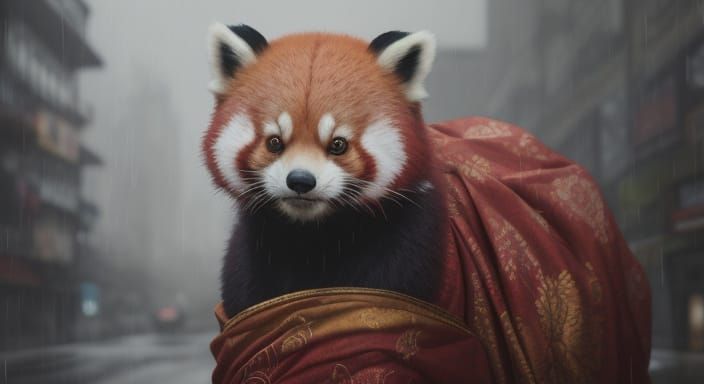 Red Panda in Sari on Rainy Street at Dusk