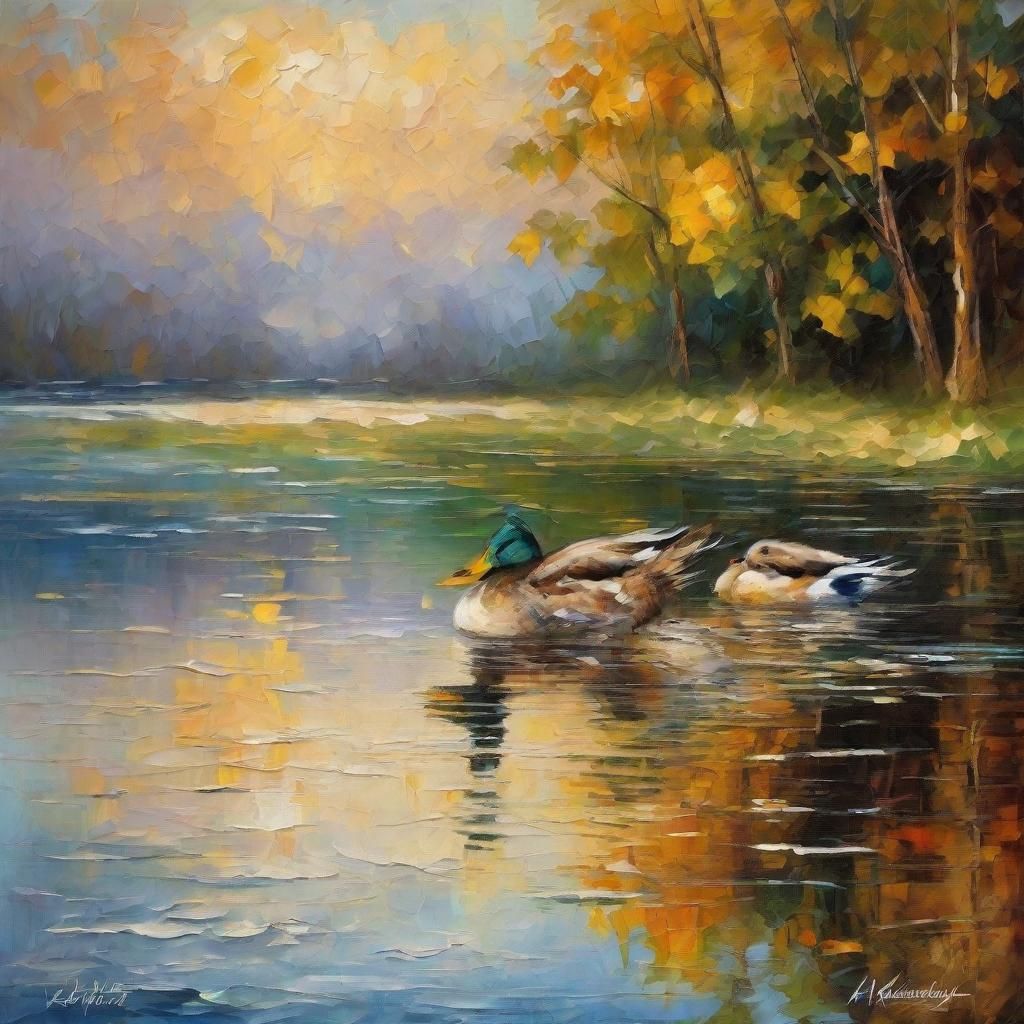 Mallard Duck Family Stroll: Baroque Oil Painting