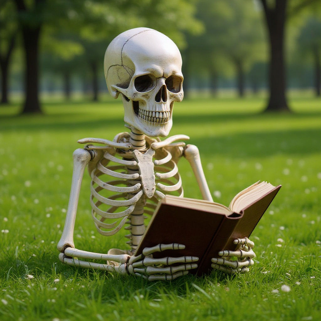 Skeleton Reading a Book in Evening Light