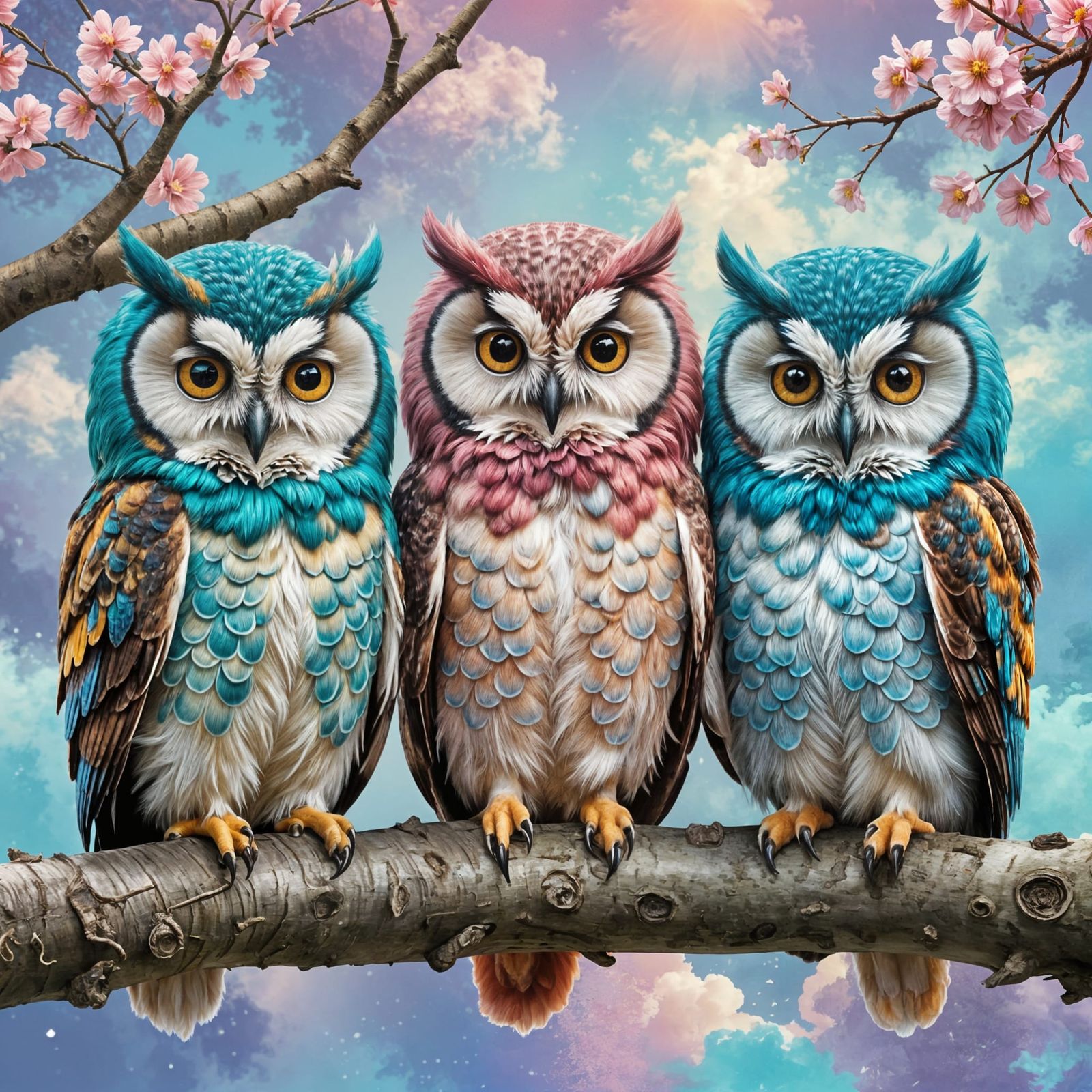 Three Fluffy Owls on a Branch