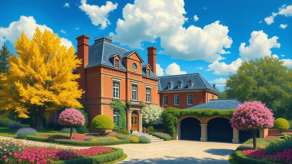 Elegant Chateau Amidst Vibrant Trees and Gardens