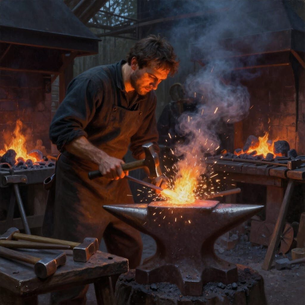 Blacksmith's Forge at Dusk: Hammers, Tongs, and Glowing Embe...