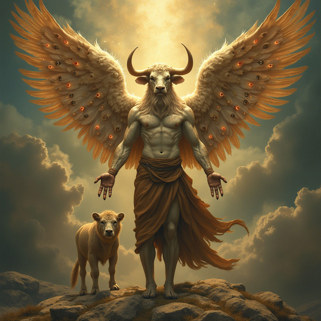 Mystical Cherubim with Shimmering Wings, Symbolic Artwork