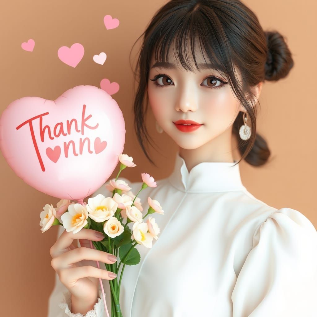 Anime Woman with Flowers and Balloon in 3D