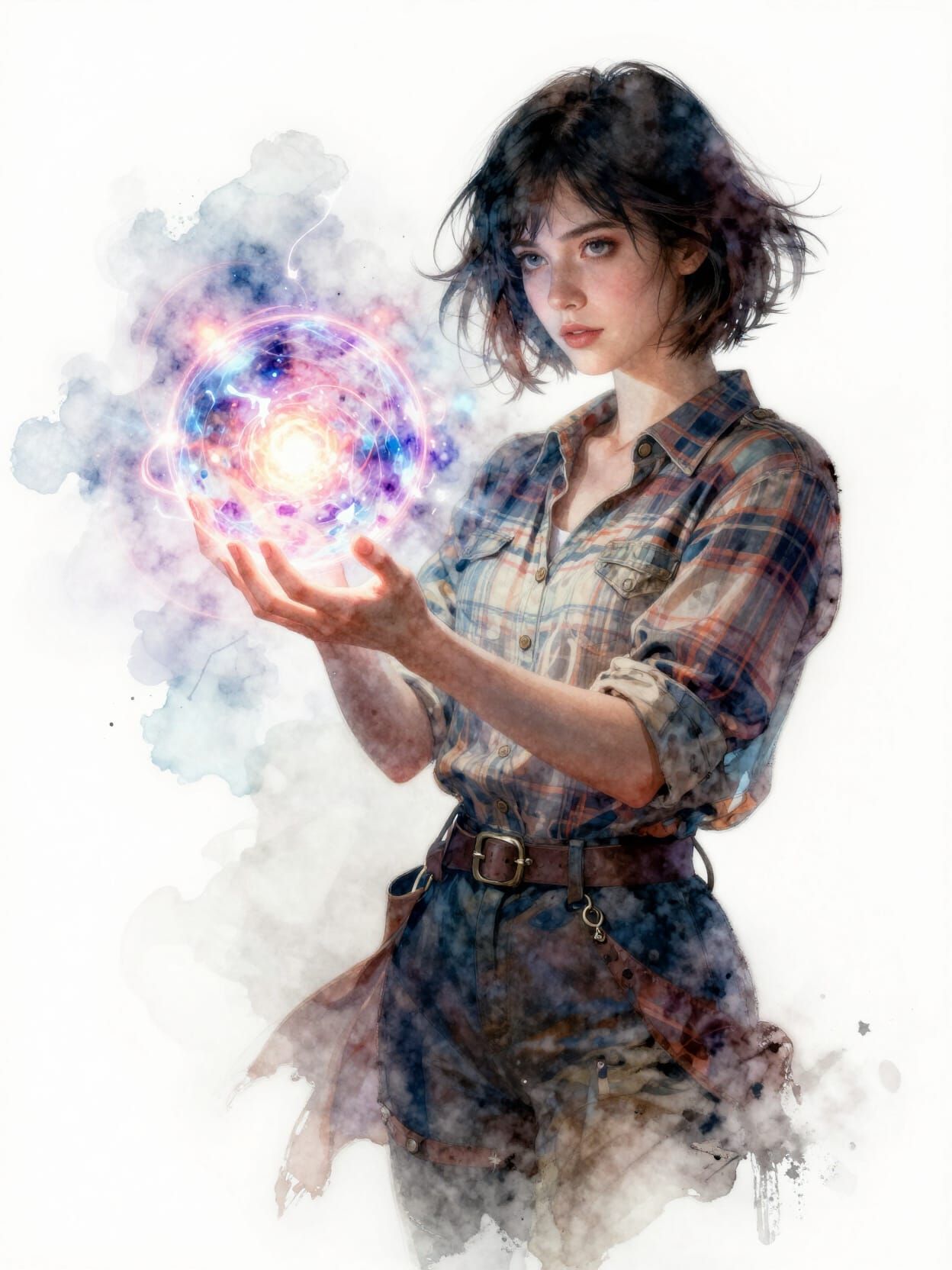 Beautiful Technomage Girl with Glowing Magic Ball Watercolor...