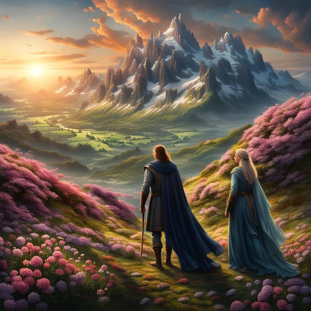 Siegfried and Brunhild: Epic Mountain Sunrise Painting