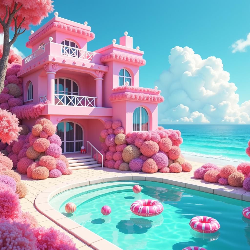 Whimsical Pink Candy Mansion by the Turquoise Beach