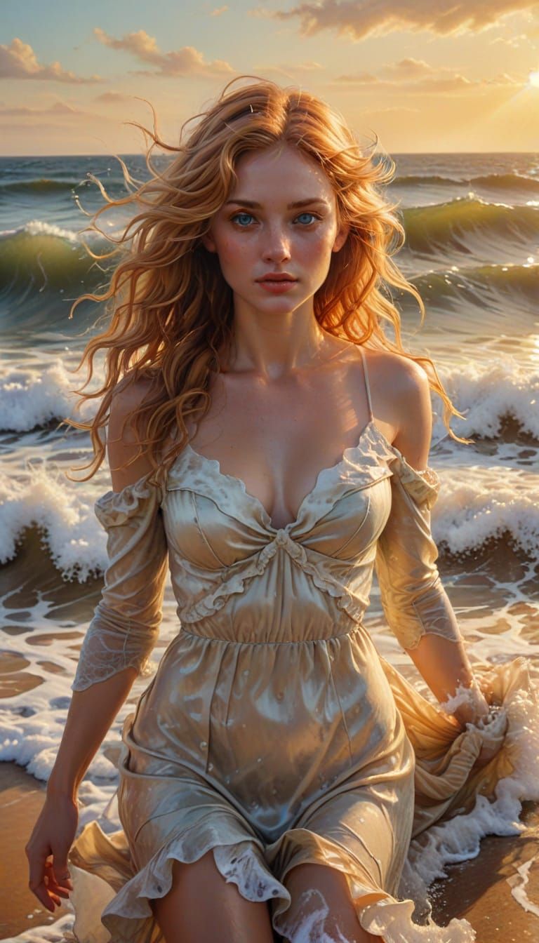 Vibrant Baroque Goddess Emerges from Ocean Waves