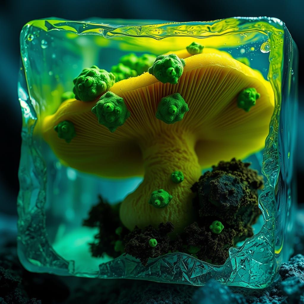 A Glimmering, Icy Tomb of a Fluorescent Yellow Mushroom