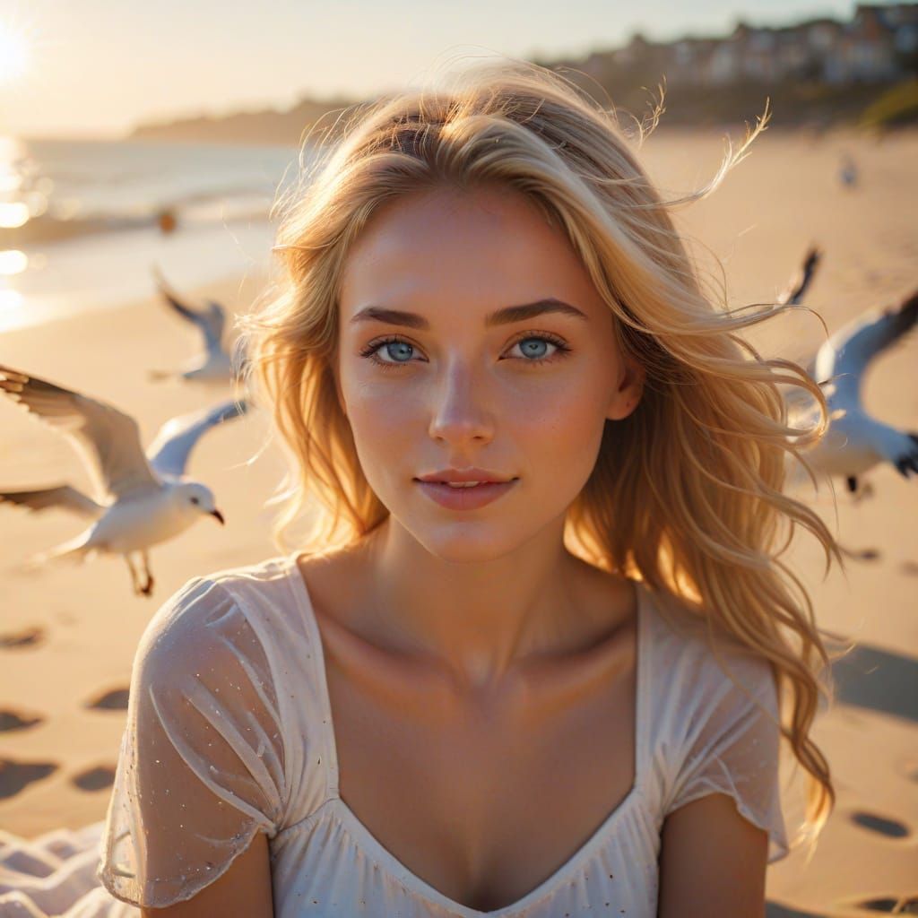 Beautiful Blonde Woman Basks in Golden Hour on Sun-Kissed Be...