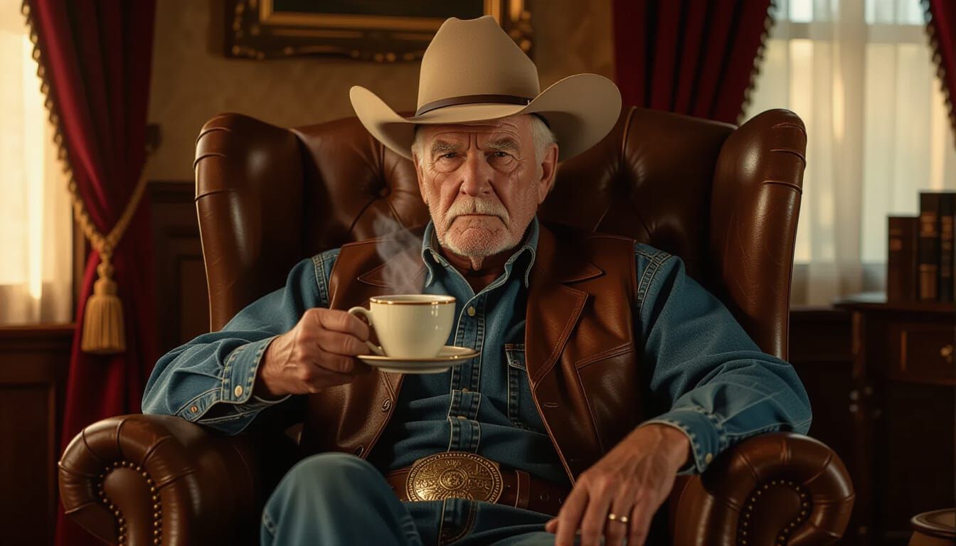 Elderly Cowboy's Nostalgic Coffee Moment in Grand Parlor