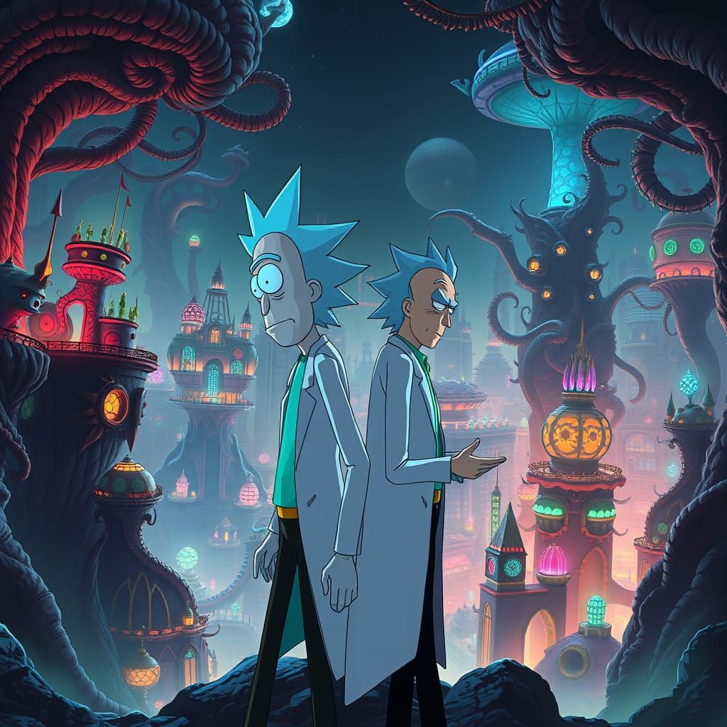 Epic Rick Sanchez and Morty Adventure in a Dreamlike City