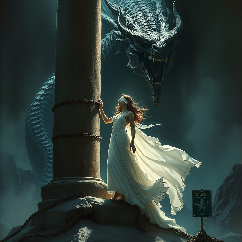 Woman Chained to Pillar Facing Dragon in Fantasy Art