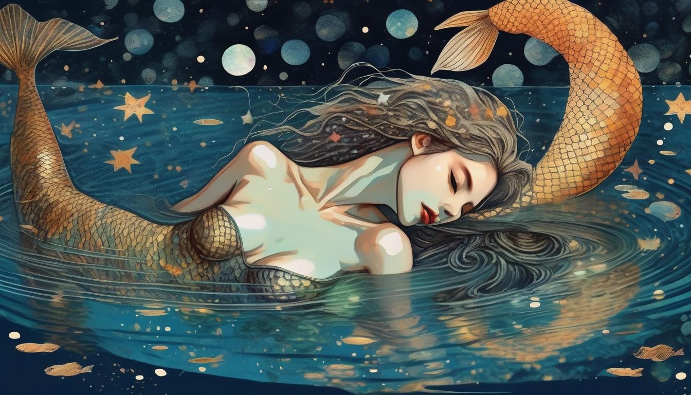 Mermaid Bathing Under Starry Night as Fantasy Illustration