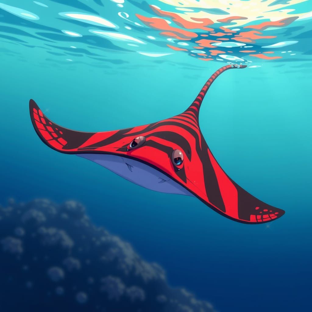 Vibrant Stingray in Anime-Inspired Underwater Scene