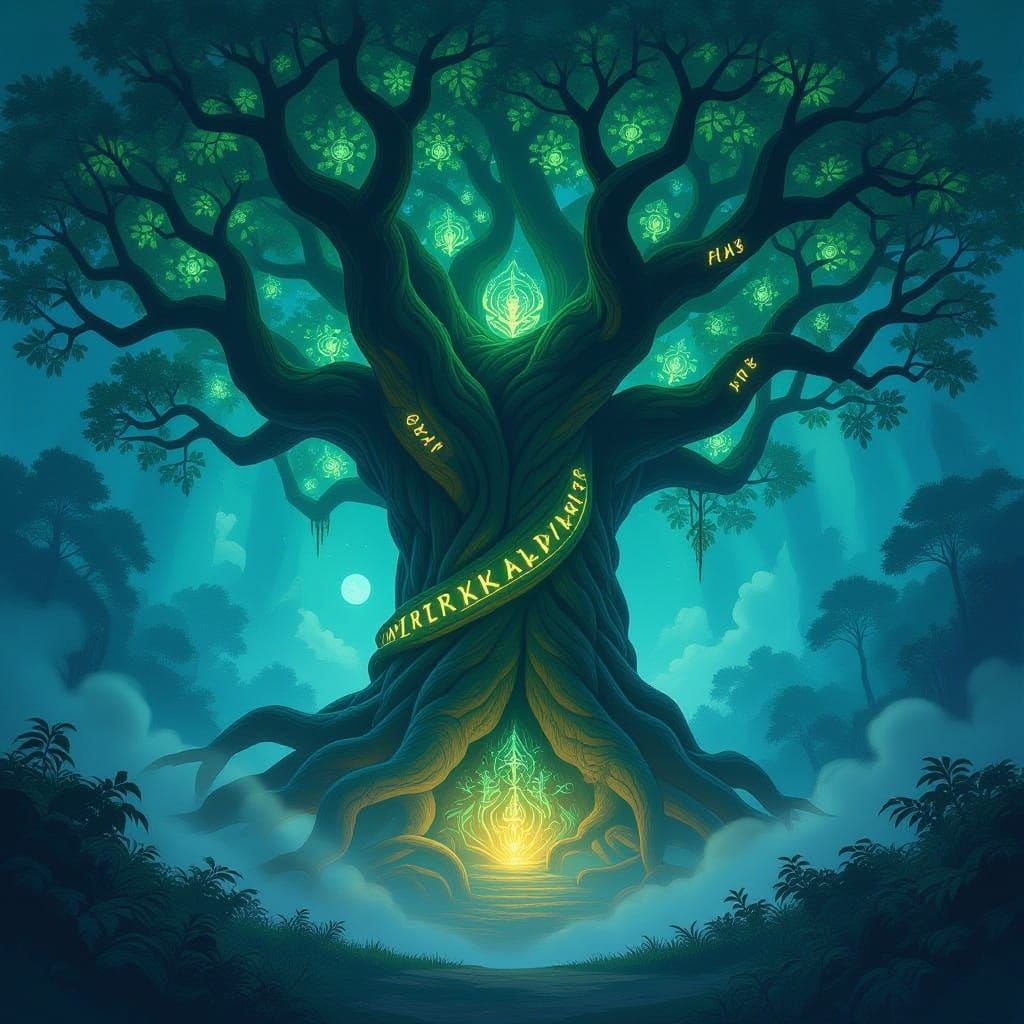 Ancient Bioluminescent Tree in Mystical Fantasy Forest