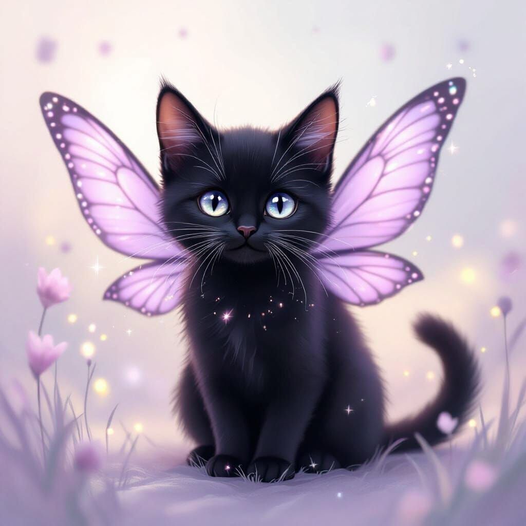 Black Cat with Lilac Fairy Wings in Dreamy Style