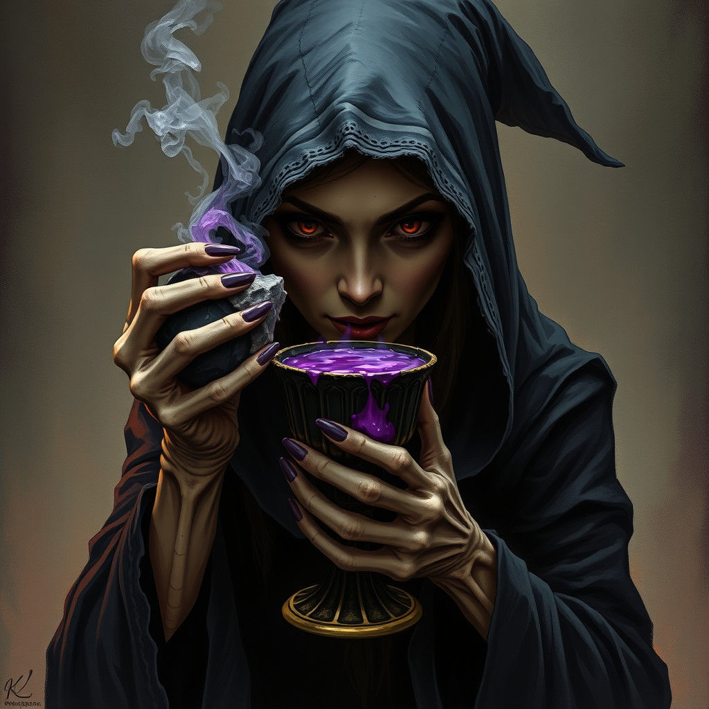 Witch with Eerie Chalice in Gothic Illustration