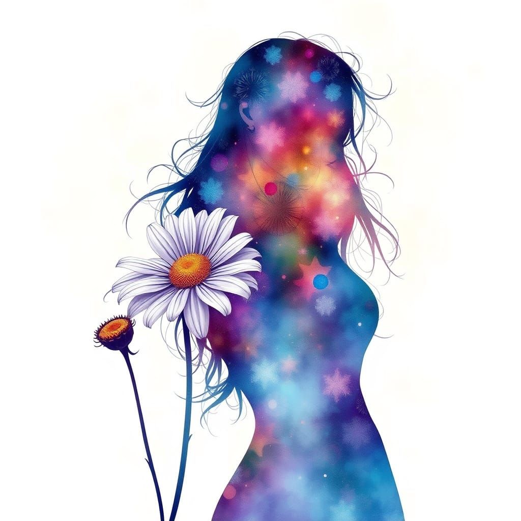 Daisy Girl Silhouette in Watercolor Style