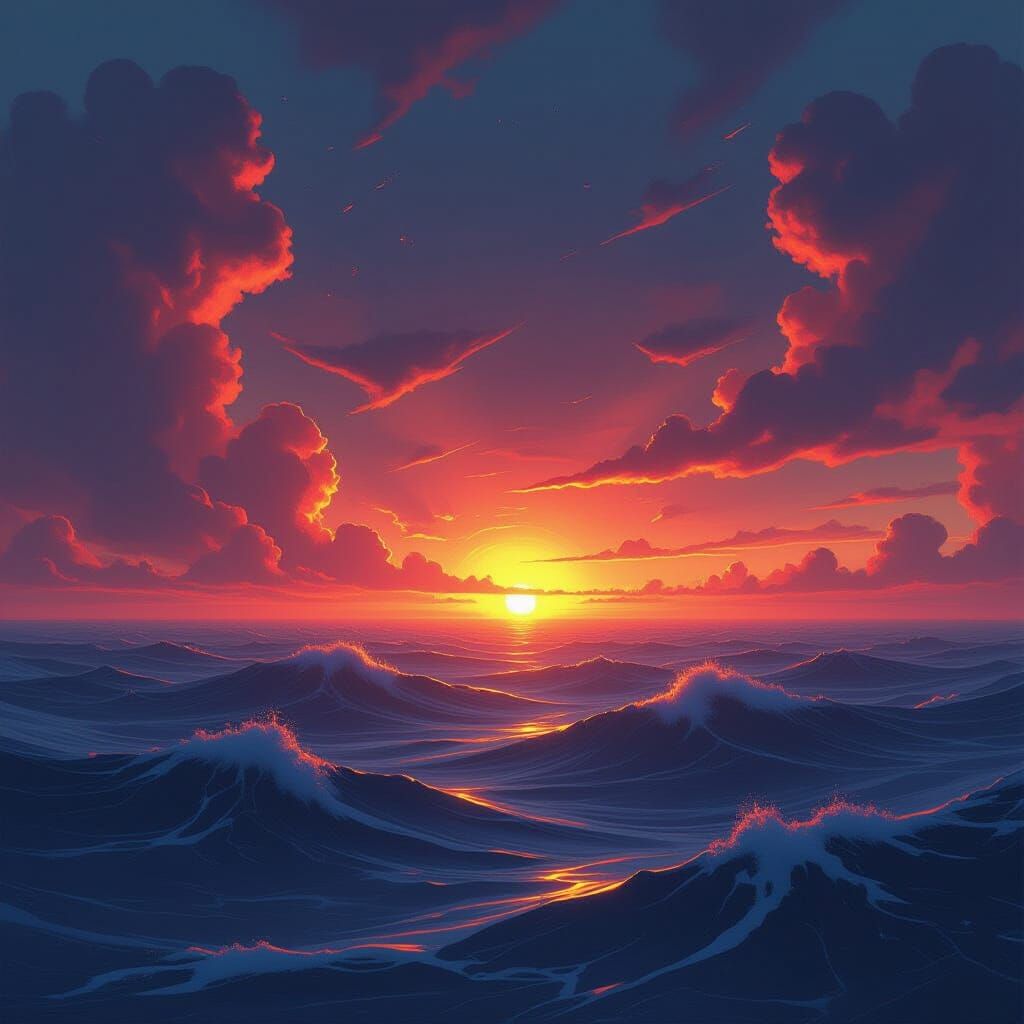 Fiery Dystopian Ocean in Digital Painting Style