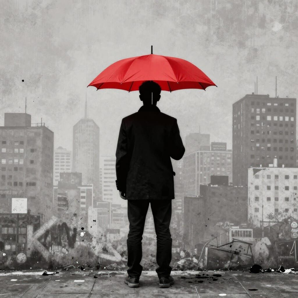 Red Umbrella in Dystopian Cityscape, Banksy Style
