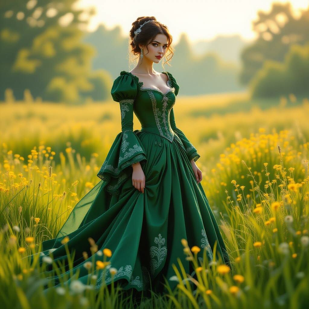 Woman in Antique Gown in Mystical Meadow