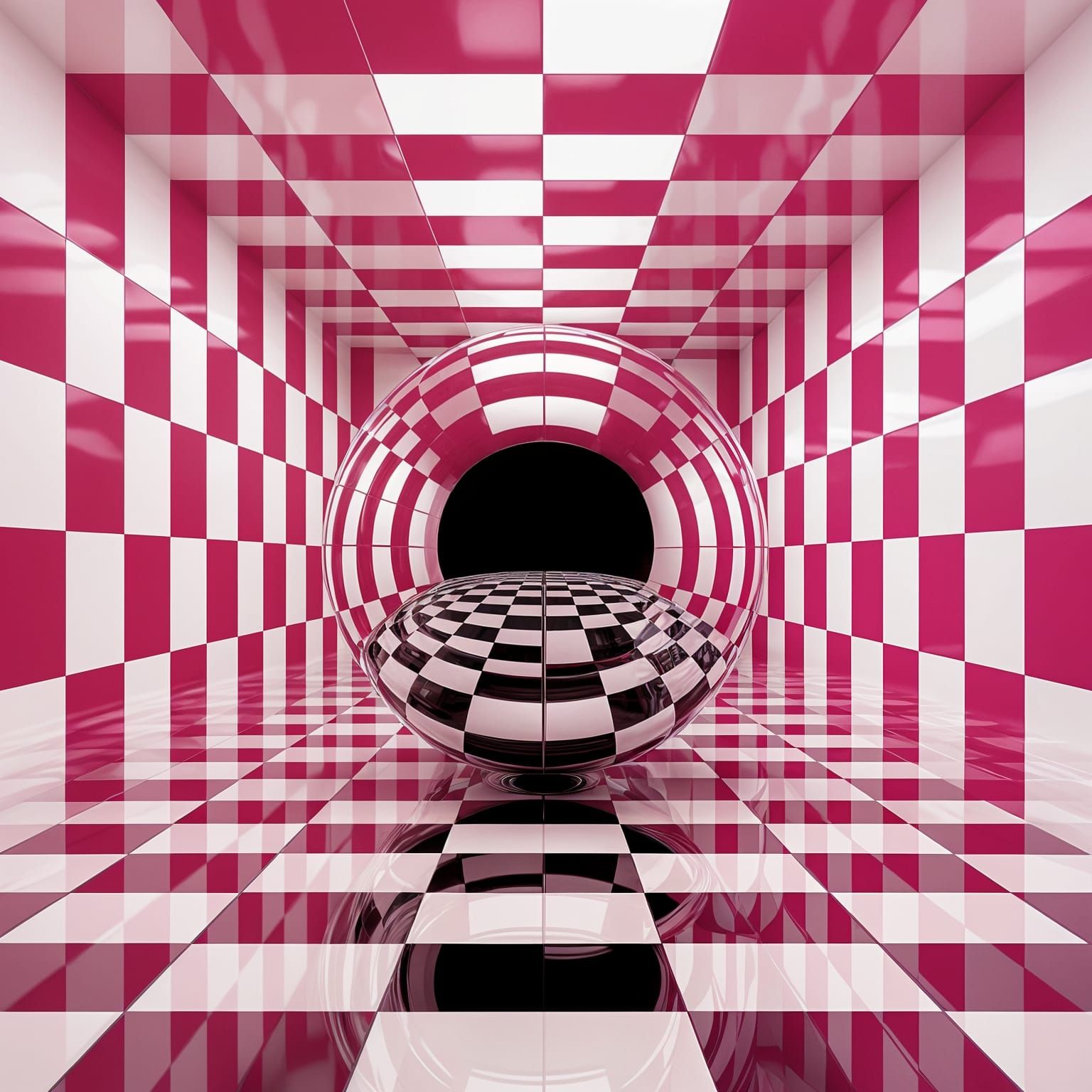 Stylized 3D Render of Reflective Sphere in Checkerboard Room