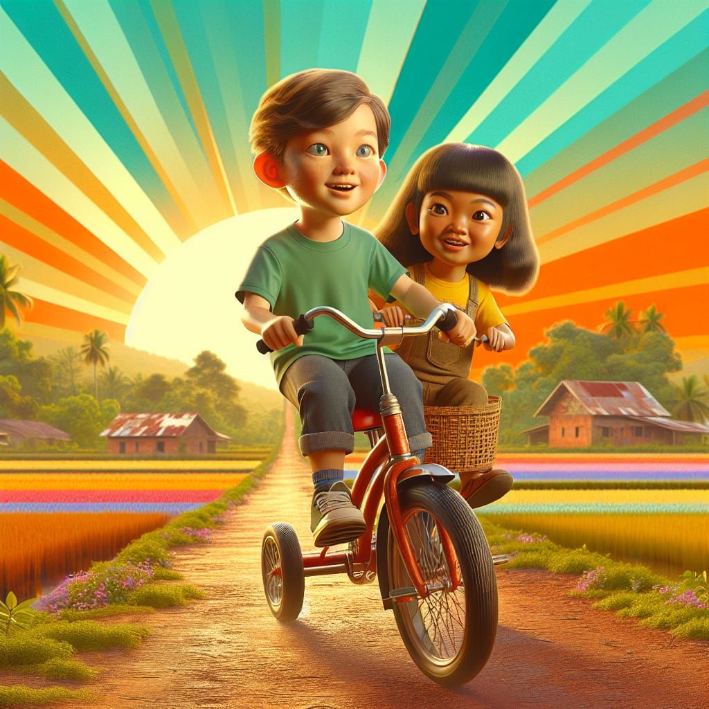 Children on Tricycle in Rural 3D Digital Art