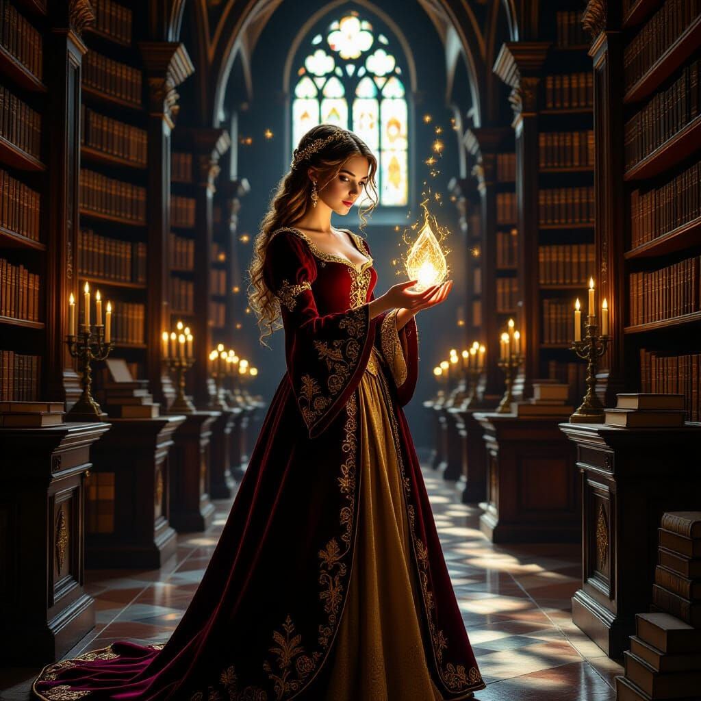 Medieval Woman in Library, Pre-Raphaelite Style