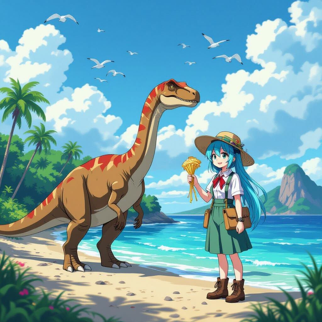 Hatsune Miku in Jurassic Park: Hyperrealistic Splash Art