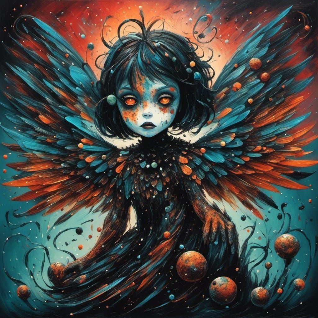 Flying Sphinx Portrait in Oils, Glitter Gore Style