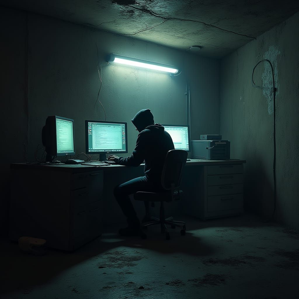 Cyber Attacker in a Futuristic Russian Basement Lair