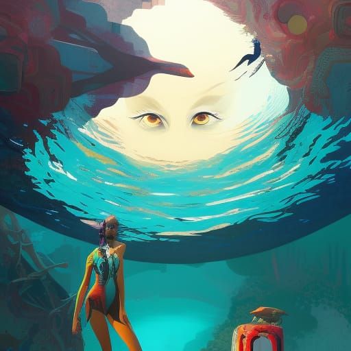 Surreal Swimmer in Mosaic Silhouette Style