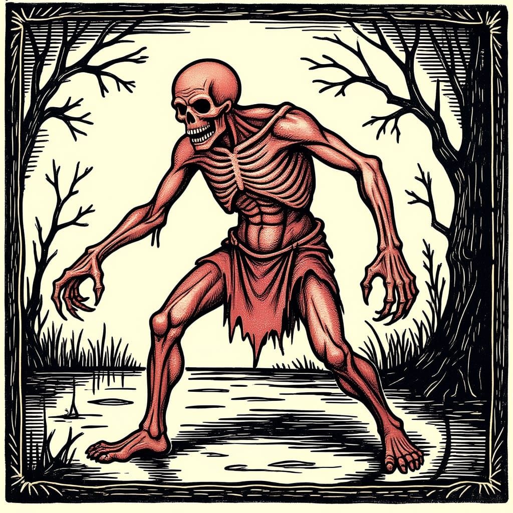 Archaic Medieval Woodcut of Rotten Flesh Creature